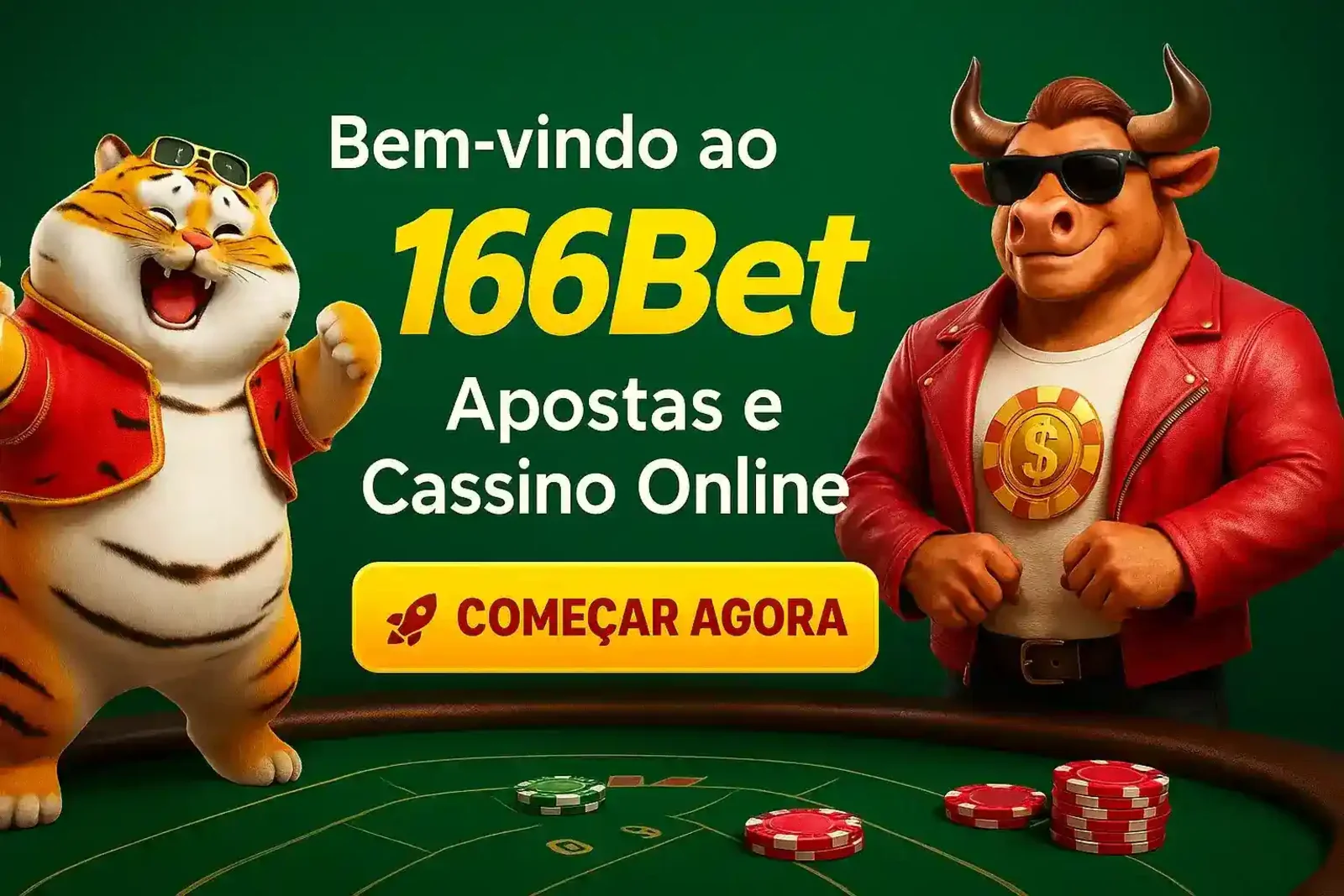 Bem-vindo ao 166Bet | Apostas e Cassino Online Bem-vindo ao 166Bet! Nossos mascotes, um tigre e um touro estilosos, convidam você para o incrível mundo das apostas e do cassino online. Comece agora sua jornada!